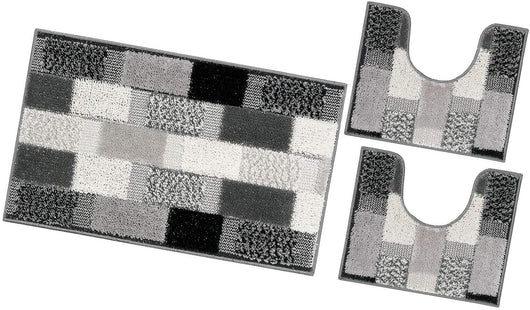 Tappeto Bagno Set 3 Pezzi Moderno Soffice Antiscivolo Assorbente Doccia Grigio