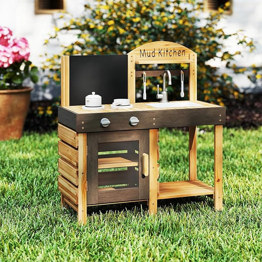 Cucina Giocattolo per Bambini, Cucina Legno per Bambini con Lavagna, Fornelli, Lavandino, Rubinetto, Forno, Accessori Generosi, Mensole di Stoccaggio, per 3+ Anni