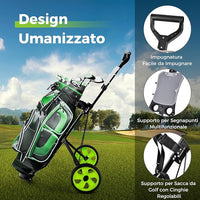 Carrello da Golf Pieghevole con 2 Ruote, Carrello da Golf in Ferro con Tabellone Segnapunti, 140 x 63,5 x 113 cm, Nero(Verde)