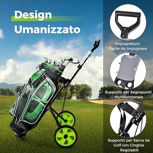 Carrello da Golf Pieghevole con 2 Ruote, Carrello da Golf in Ferro con Tabellone Segnapunti, 140 x 63,5 x 113 cm, Nero(Verde)