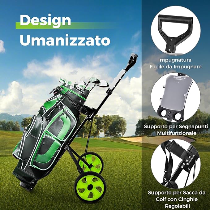Carrello da Golf Pieghevole con 2 Ruote, Carrello da Golf in Ferro con Tabellone Segnapunti, 140 x 63,5 x 113 cm, Nero(Verde)