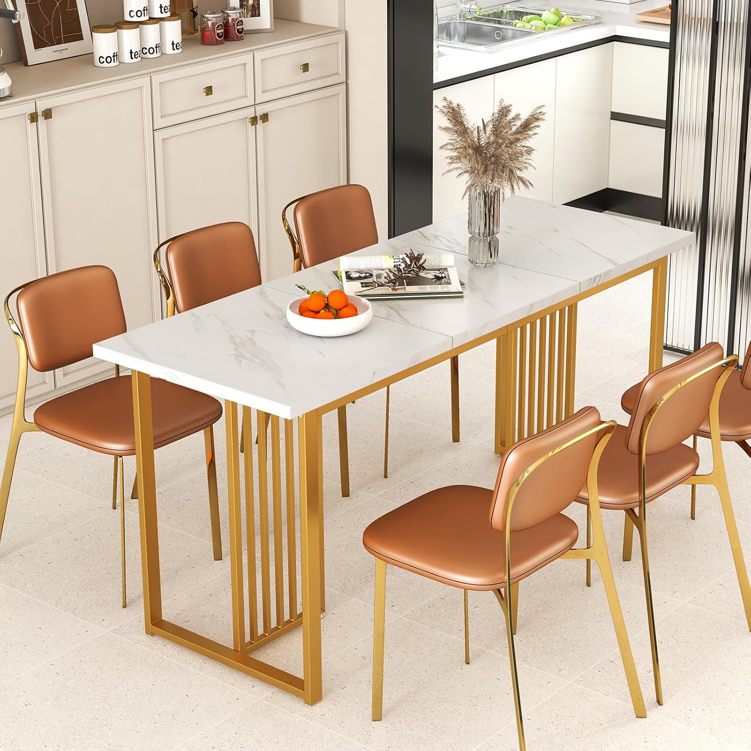 Tavolo da Pranzo, Tavolo Moderno per 6-8 Persone con Piano in Finto Marmo e Gambe in Metallo, Tavolllo Rettangolare da per Sala da Pranzo, Soggiorno e Cucina, 160 x 60 x 76 cm, Bianco e Oro