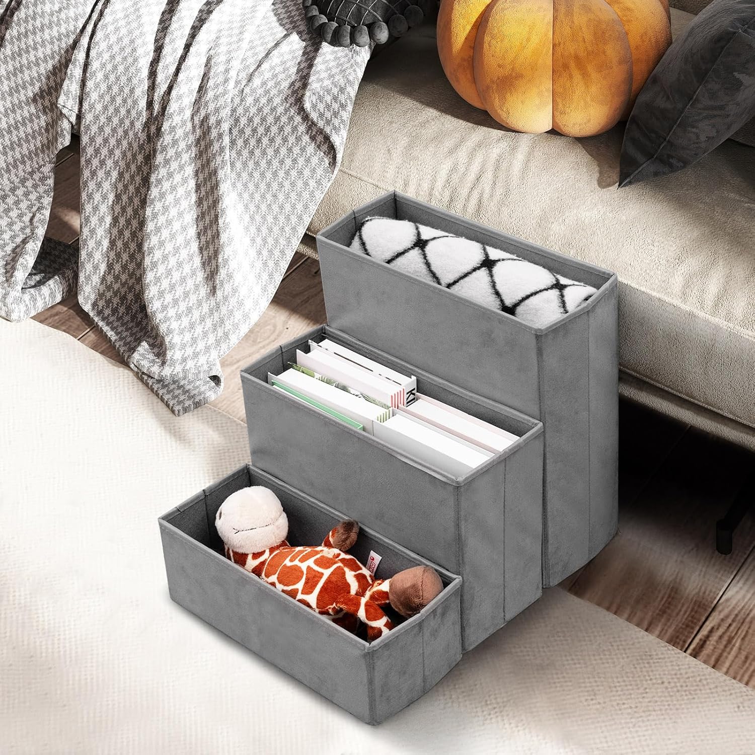 Scala per Cani, Rampe Pieghevole Antiscivolo per Animali Domestici con Scomparti di Stoccaggio per Giocattoli e Spuntini per Letti e Divani, Grigio (39 x 51 x 45cm)