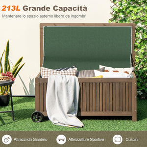 Baule da Giardino in Legno 213 L, Baule da Esterno con Ruote e Maniglie, Interna Resistente all'Acqua, Contenitore Salvaspazio da esterno armadio, 114 x 58,5 x 51 cm