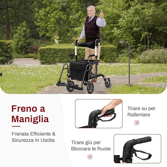 Deambulatore 2 in 1 per Anziani in Alluminio, Rollator Pieghevole e Regolabile in Altezza con Sedia, Schienale Reversibile, Manici Regolabili, Ruote, Poggiapiedi e Borsa Rimovibile (Nero)
