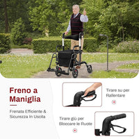 Deambulatore 2 in 1 per Anziani in Alluminio, Rollator Pieghevole e Regolabile in Altezza con Sedia, Schienale Reversibile, Manici Regolabili, Ruote, Poggiapiedi e Borsa Rimovibile (Nero)