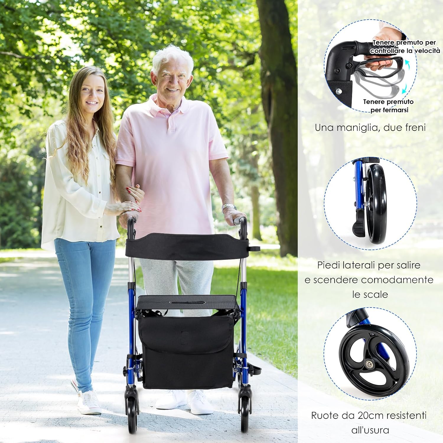 Deambulatore con Seduta 2 in 1, Rollator Pieghevole, Deambulatore per Anziani con 4 Ruote, Maniglie Regolabili Freni, con Doppia Funzione Schienale Reversibile e Borsa Portaoggetti (Blu)