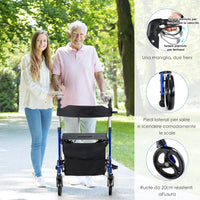 Deambulatore con Seduta 2 in 1, Rollator Pieghevole, Deambulatore per Anziani con 4 Ruote, Maniglie Regolabili Freni, con Doppia Funzione Schienale Reversibile e Borsa Portaoggetti (Blu)