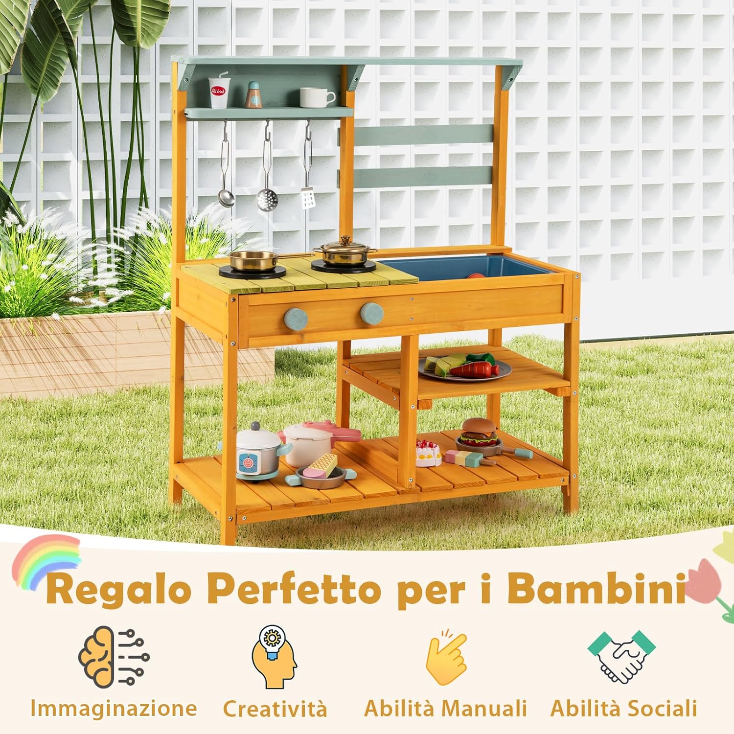 Cucina Giocattolo per Giardino in Legno di Pino, Cucina per Bambini con 2 Fornelli a Manopola, Lavandino e 3 Ganci, Set Cucina con Ripiani Aperti, 75 x 36 x 92 cm (Giallo)