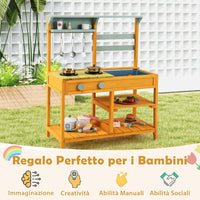 Cucina Giocattolo per Giardino in Legno di Pino, Cucina per Bambini con 2 Fornelli a Manopola, Lavandino e 3 Ganci, Set Cucina con Ripiani Aperti, 75 x 36 x 92 cm (Giallo)