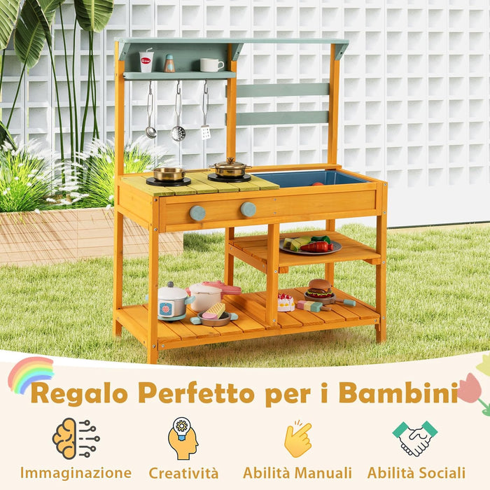 Cucina Giocattolo per Giardino in Legno di Pino, Cucina per Bambini con 2 Fornelli a Manopola, Lavandino e 3 Ganci, Set Cucina con Ripiani Aperti, 75 x 36 x 92 cm (Giallo)