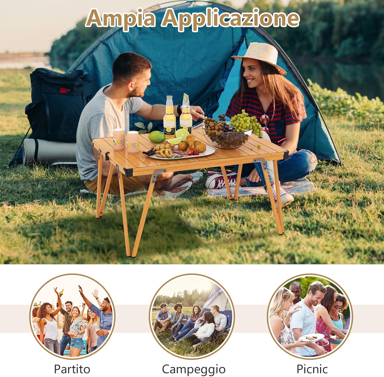 Tavolo da Campeggio Pieghevole, Tavolo da Picnic con Borsa Trasporto e Piano Impermeabile, con Struttura in Alluminio, per Giardino Campeggio, Portata 80 kg (Naturale)