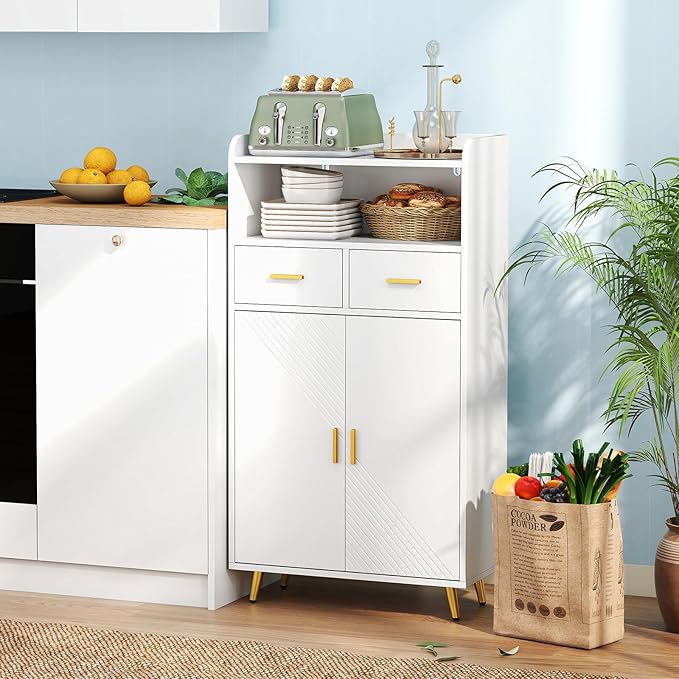 Mobiletto Bagno Salvaspazio 60 x 30 x 113 cm, Credenza Soggiorno con Ante, 2 Cassetti e Ripiano Regolabile, Armadietto da Cucina per Sala da Pranzo e Lavanderia (Bianco)