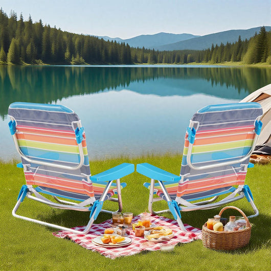 Sedia da spiaggia pieghevole, da campeggio con schienale regolabile in 5 posizioni, 2 in 1, fino a 150 kg (64 x 63 x 74 cm, blu + colorato, 2)