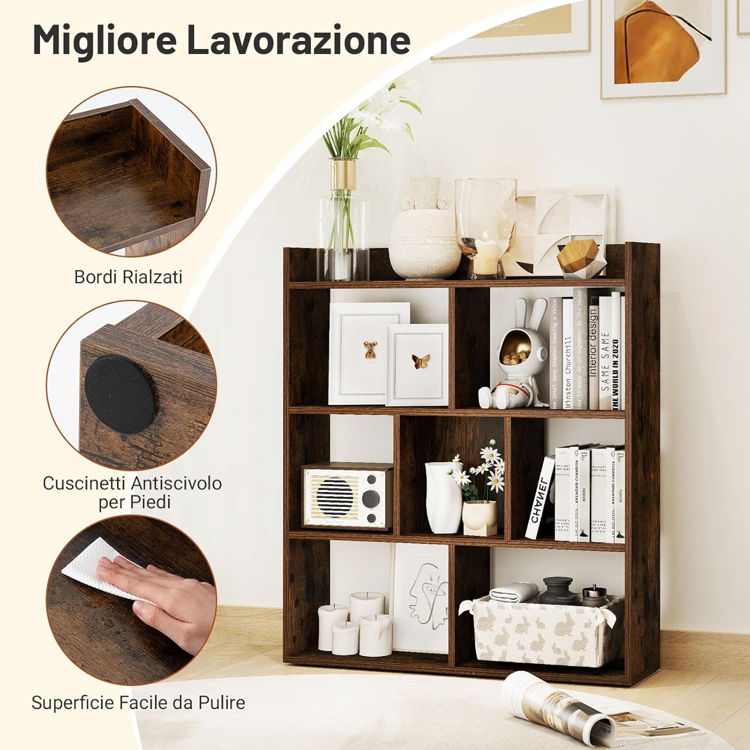 Libreria a Cubi con 7 Scomparti, Mensola Espositiva per l'Archiviazione, Libreria in Legno con Dispositivi Anti-Ribaltamento, per Studio Soggiorno, 80x20x90 cm (Caffè)