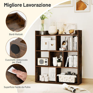 Libreria a Cubi con 7 Scomparti, Mensola Espositiva per l'Archiviazione, Libreria in Legno con Dispositivi Anti-Ribaltamento, per Studio Soggiorno, 80x20x90 cm (Caffè)