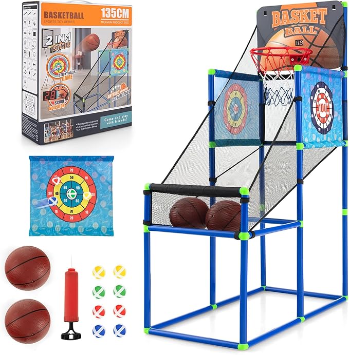 Macchina da Pallacanestro per Bambini, Set Giochi 2-in-1 da Interno ed Esterno per Basket e Palline Attaccanti con Segnapunti Elettronico ed Effetti Sonori, Regalo per Bambini e Bambine 3+