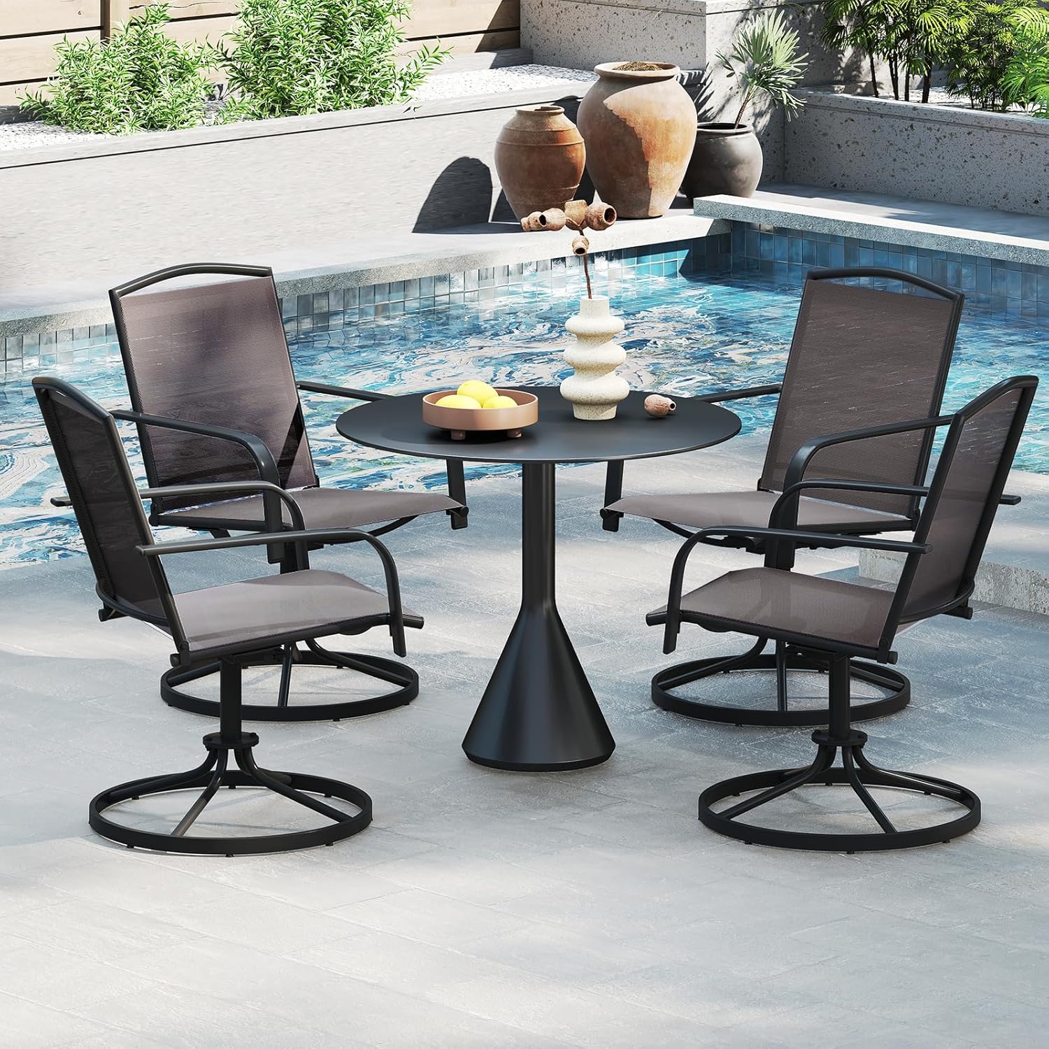 Set di 2 Sedie da Patio Girevoli, Poltrone a Dondolo in Rete a 360° con Schienale Alto e Base Rotonda in Metallo, Sedia a Dondolo Robuste per Giardino Balcone, Portata 150 kg (Grigio)