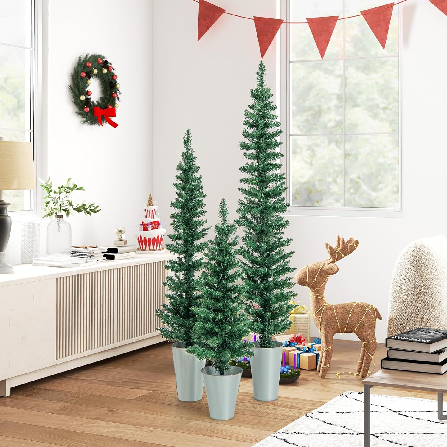 Set di 3 Alberi di Natale Artificiali da 90 CM + 120 CM + 150 CM, Alberi di Natale Slim con 120 + 140 + 160 Punte di Ramo e Basi in Metallo Riempite di Cemento, Decorazione Natalizia Interna