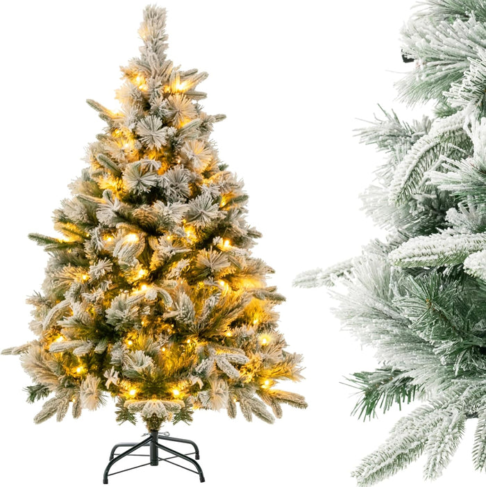 Albero di Natale136/186 cm, Albero di Natale Flockato con 150/250 Luci LED Bianco Caldo, 384/752 Punte di Ramo Miste e Aghi di Pino, Albero di Natale con Cerniera per Casa e Ufficio (136 cm)