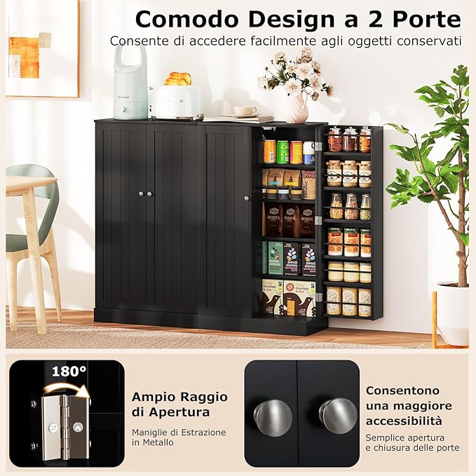 Armadietto Dispensa Alto 104 cm, Mobiletto da Cucina con Ante e Ripiani Regolabili, Credenza Autoportante per Sala da Pranzo, Soggiorno, Camere da Letto, 59 x 30 x 104 cm (Nero)