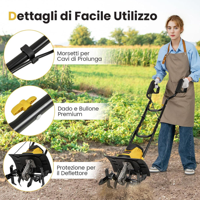 Motozappa Elettrica a Filo, Zappatrice da Giardino con Manico Ergonomico e Motore Forte, Motocoltivatore Pieghevole per Scavare Terreno del Prato (36,5 x 24 x 138 cm,Giallo)