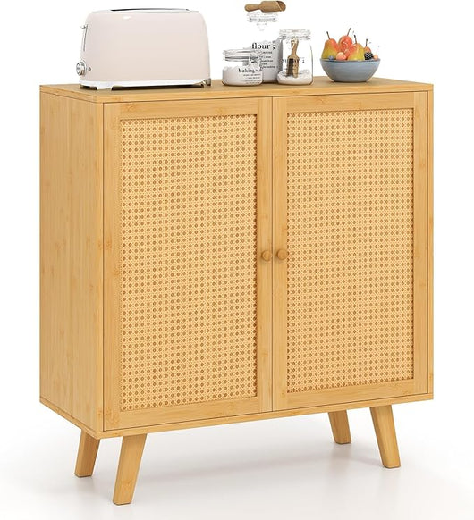 Mobile da Bagno, Armadietto Salvaspazio da Terra con Ripiano Regolabile e 2 Ante in Rattan PE, Credenza in Bambù per Soggiorno, Sala da Pranzo, Cucina e Camera da Letto, 80 x 34,5 x 85 cm