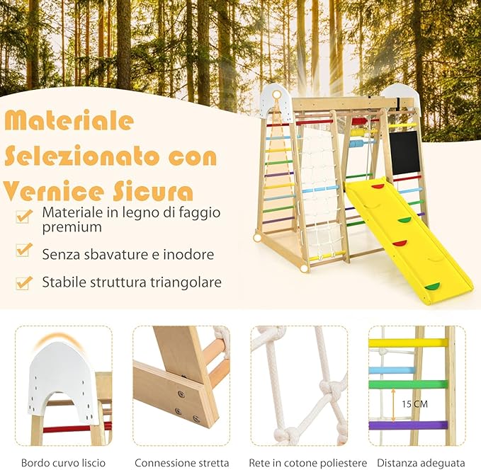 8 in 1 Triangolo da Arrampicata Multifunzione, Parco Giochi in legno Massello con Scivolo, Altalena e Lavagna, Uso Interno, per Bambini 1 a 5 anni (Modello 3 Colorato)