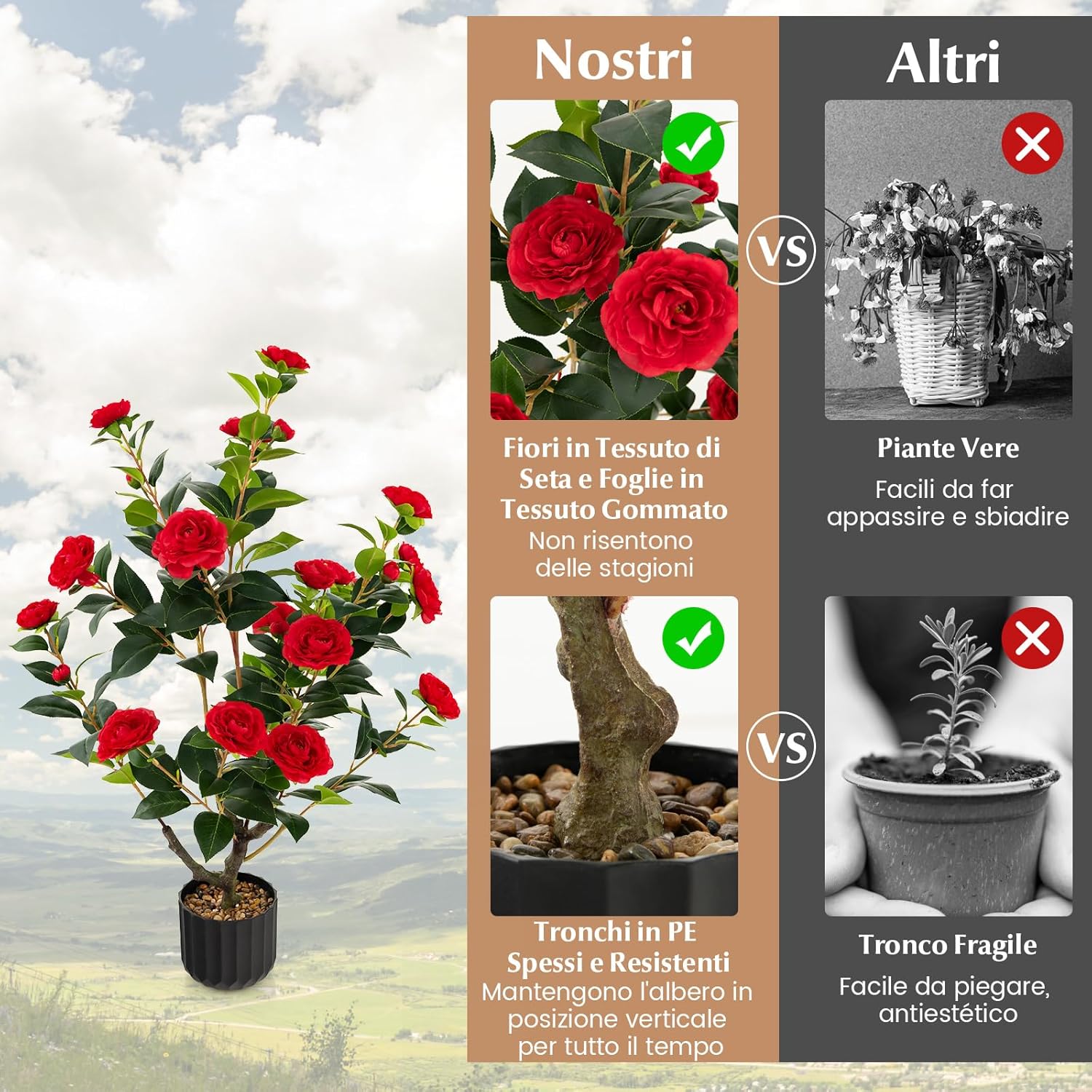Albero di Camelia Artificiale da 95 cm, Pianta Artificiale con Fiori Finti in Vaso di Cemento, Decorazione per Casa e Ufficio (Rosso)