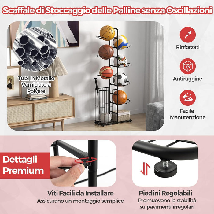 Scaffale Portapalle a 7 Livelli, Porta Pallacanestro in Metallo con 7 Asticelle Rimovibili e Cestino Laterale per Palline, Organizzatore Attrezzature Sportive con Piedini Regolabili