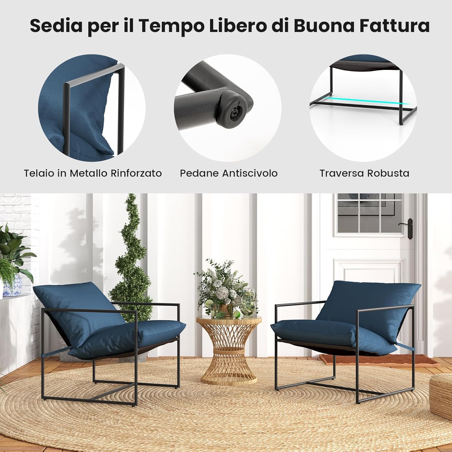 Set di 2 Sedie da Giardino, Poltrone da Esterno con Cuscini, Tessuto per Seduta e Telaio Metallico Robusto, Set di 2 Sedie in Tessuto Textilene, Portata 150 kg, per Giardino, Balcone