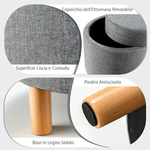 Pouf Rotondo con Contenitore e Vassoio, Poggiapiedi Imbottito con Base in Legno e Piedini Antiscivolo, Tavolino da Caffè per Soggiorno, Camera da Letto (Grigio)