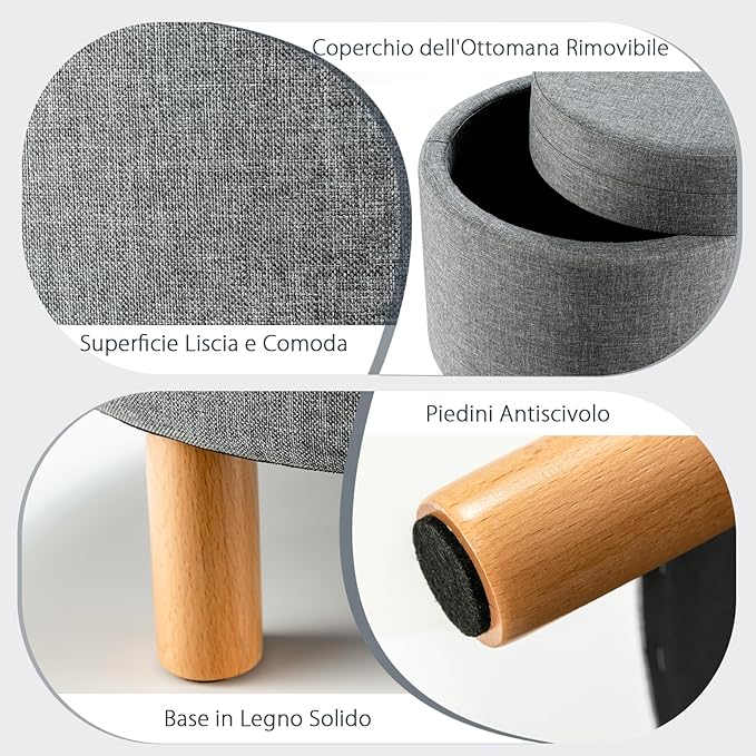 Pouf Rotondo con Contenitore e Vassoio, Poggiapiedi Imbottito con Base in Legno e Piedini Antiscivolo, Tavolino da Caffè per Soggiorno, Camera da Letto (Grigio)