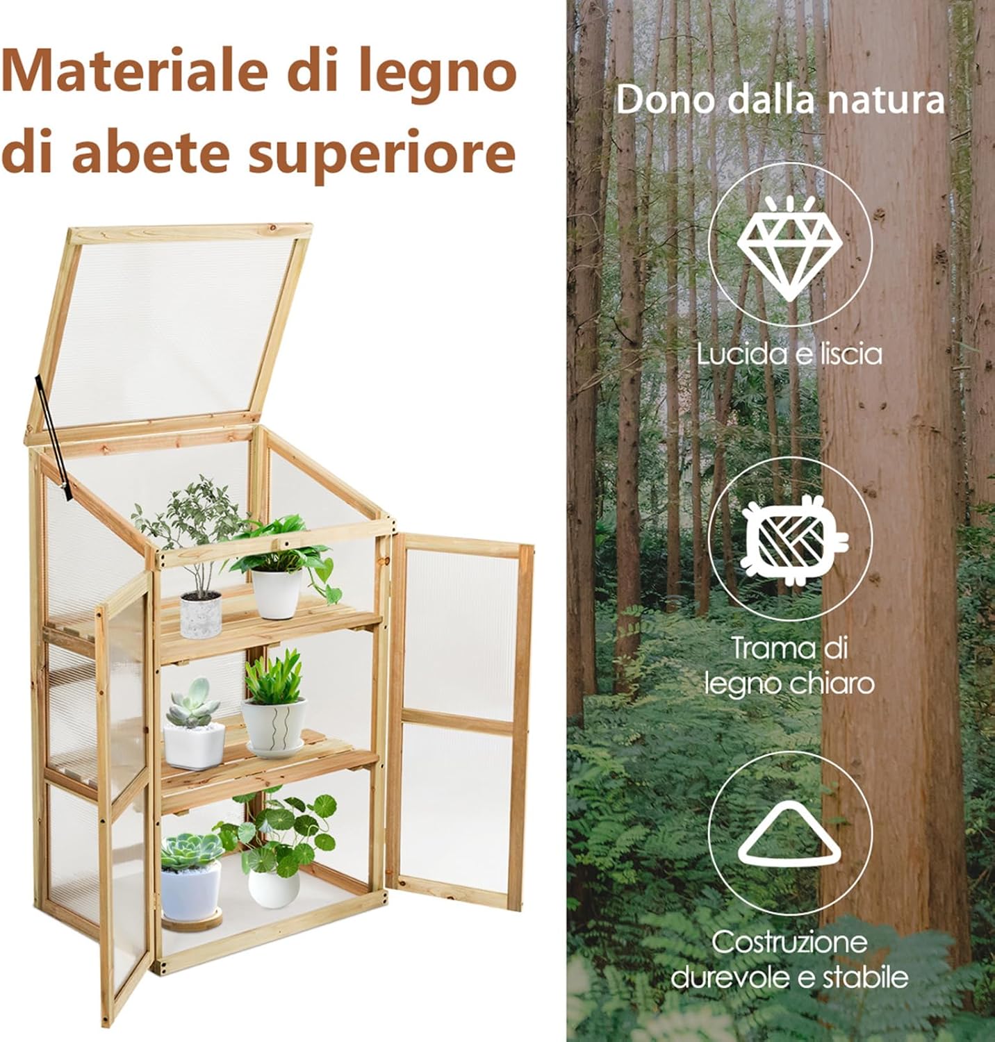 Mini Serra da Giardino a 3 Ripiani in Legno, Serra da Esterno e Interno per Piante e Orto con Coperchio e Ante Apribili, Mini Serra da Giardino e Balcone, 60 x 45 x 100 cm