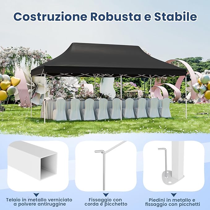 Gazebo Pieghevole da Giardino 3 x 6m, Gazebo Pop-up con Borsa da Trasporto, Regolabile in Altezza, per Feste, Barbecue, Giardino e Spiaggia (Nero)