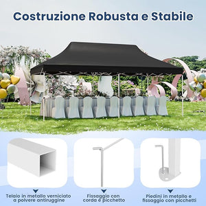 Gazebo Pieghevole da Giardino 3 x 6m, Gazebo Pop-up con Borsa da Trasporto, Regolabile in Altezza, per Feste, Barbecue, Giardino e Spiaggia (Nero)
