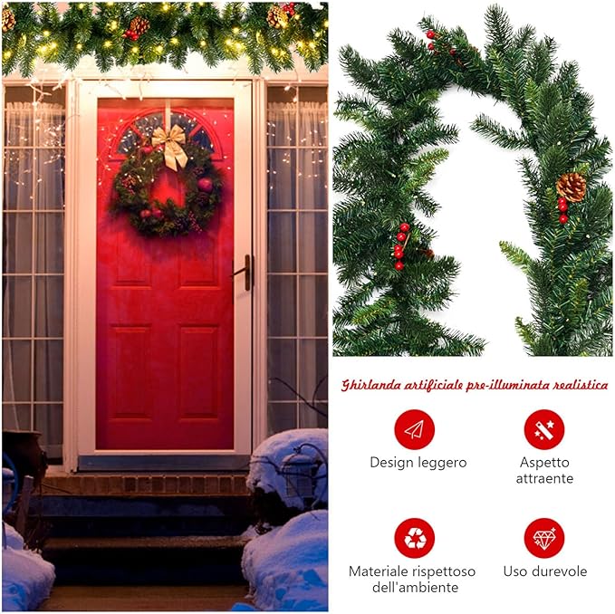 Ghirlanda di Natale di Pino Illuminata 270 cm, Ghirlanda Artificiale in Rattan di Natale con 100 luci LED, Ghirlanda Decorativa Illuminata con Timer, Ideale per Uso Interno ed Esterno