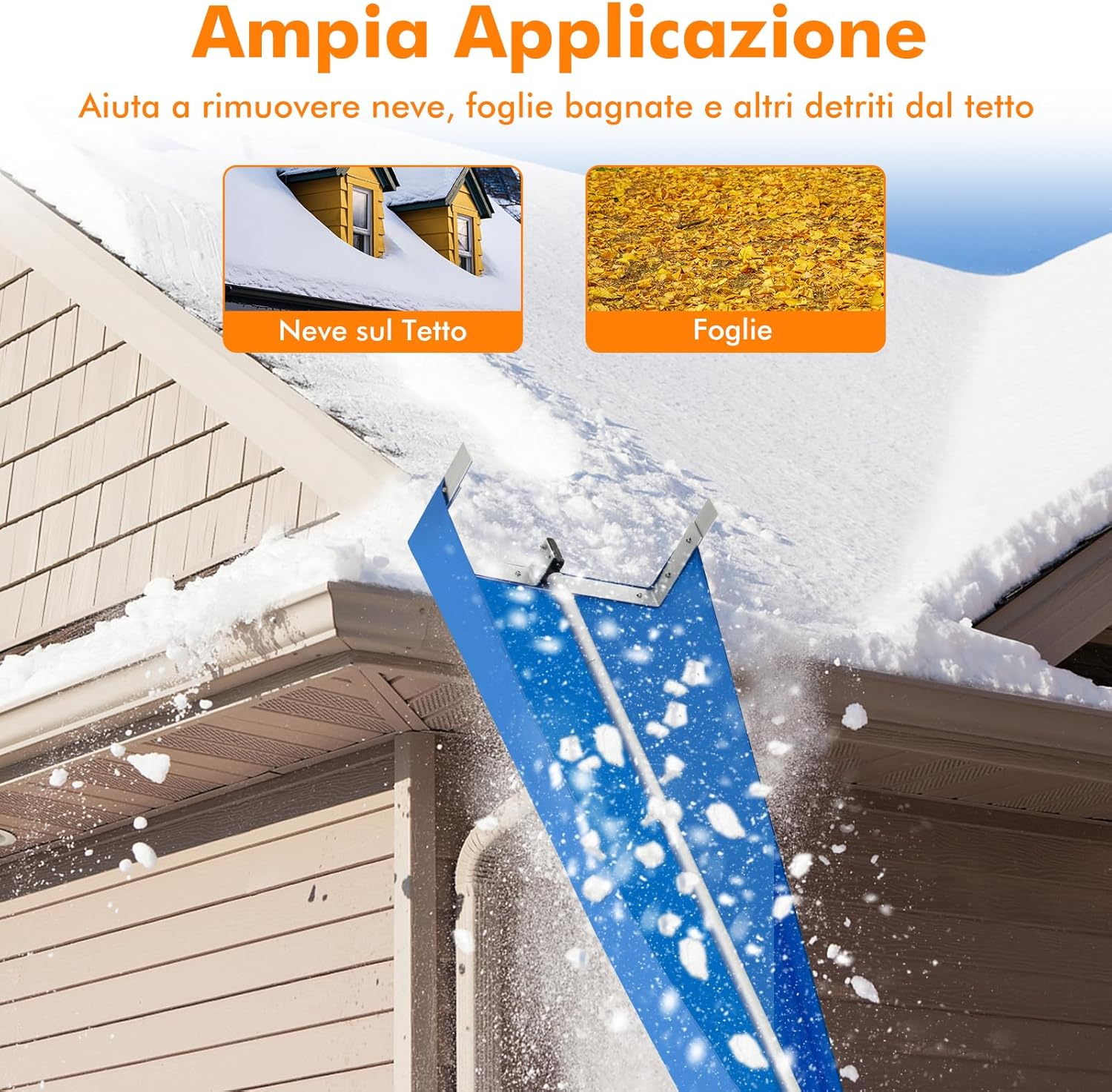 Rastrello per Neve sul Tetto da170-608 cm, Rastrello per Rimozione Neve con Asta a 4 Sezioni, Telaio in Alluminio, per Rimozione Neve da Casa e Garage