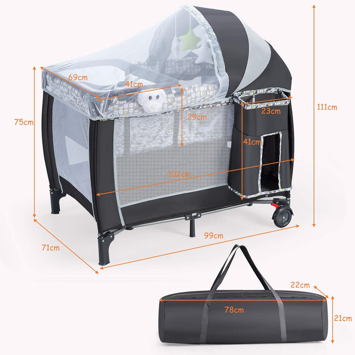 Lettino Culla da Viaggio per Neonati e Bambini, Box Portatile Pieghevole, con Materassino Ruote e Borsa, Nero