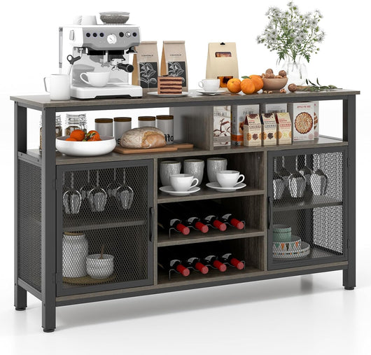 Mobiletto Portabottiglie, Credenza Cucina con Porta Bottiglie di Vino, Mensola Aperta, per Soggiorno, Cucina, Bar, 140 x 40 x 82,5 cm (Grigio)
