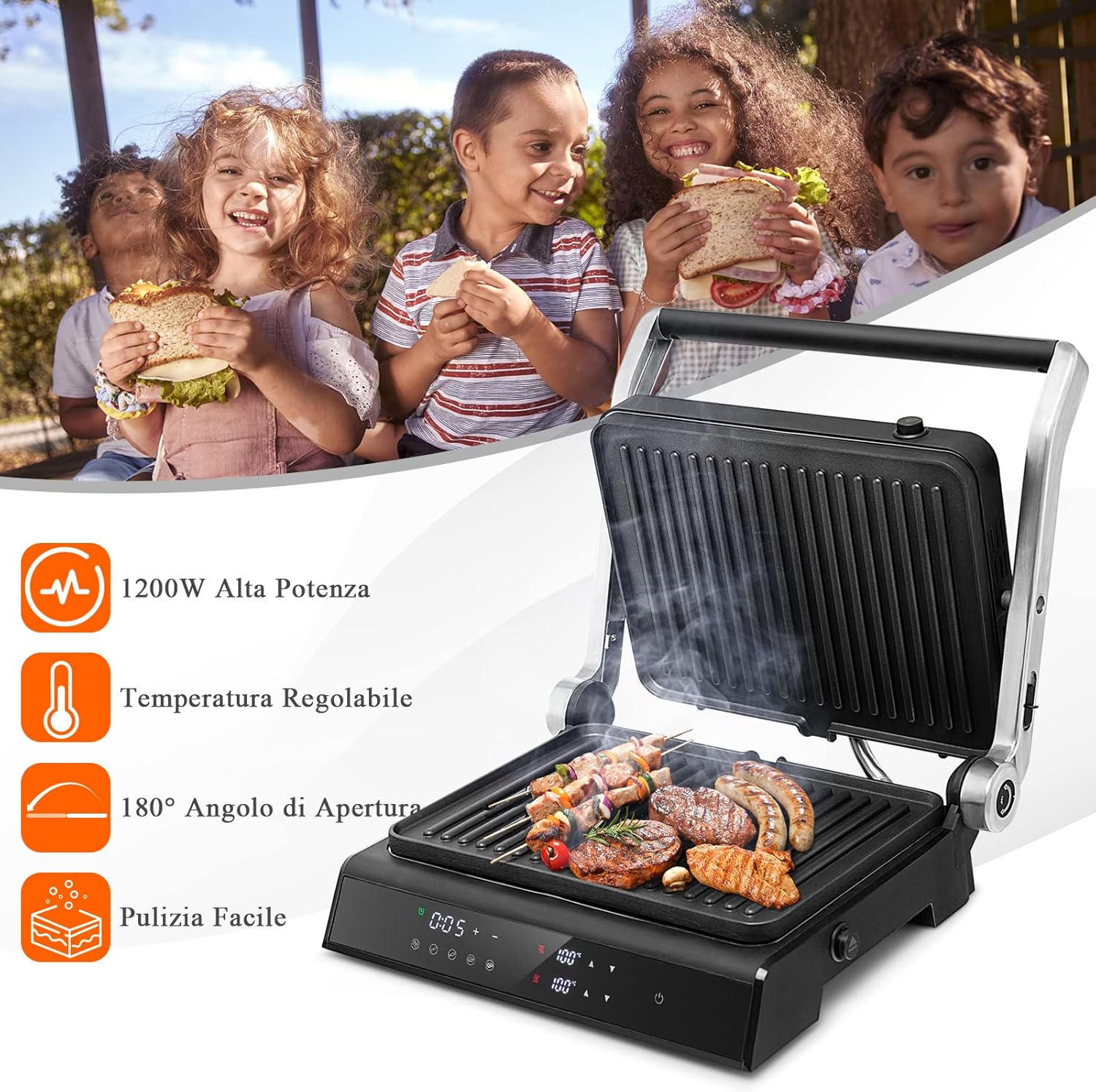 3 in 1 Piastre per Panini 2000 W, Bistecchiera Elettrica con 5 Modalità Automatiche, Cottura Bifacciali, Timer 0-4H e Display a LED, Materiale Antiaderente, Ideale per Panini e Barbecue
