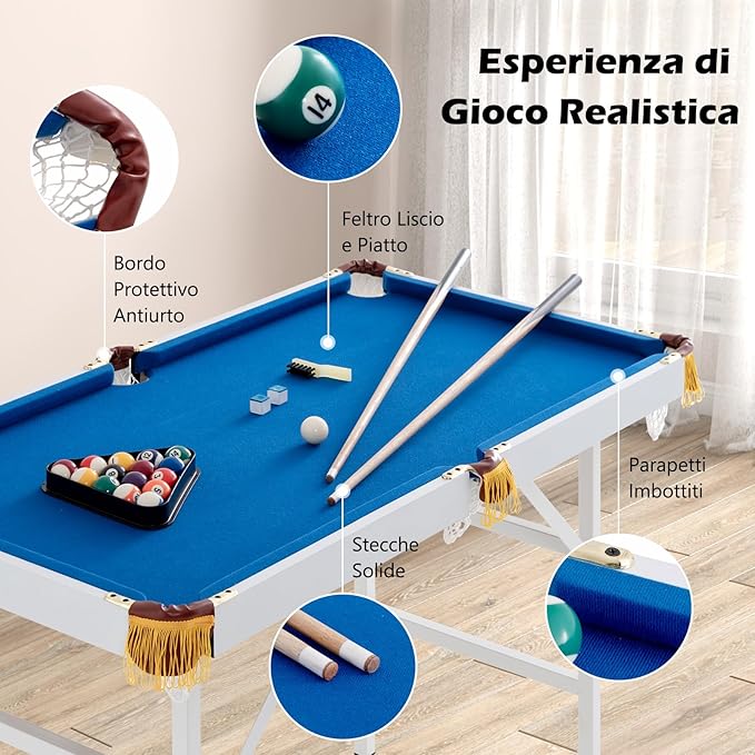Tavolo da Biliardo Pieghevole, Mini Tavolo da Gioco Biliardo con Set di Accessori Stecche Palline Gessetti e Spazzola, Piedi Regolabili, per Sala Giochi bar Palestra, 122x64x78 cm