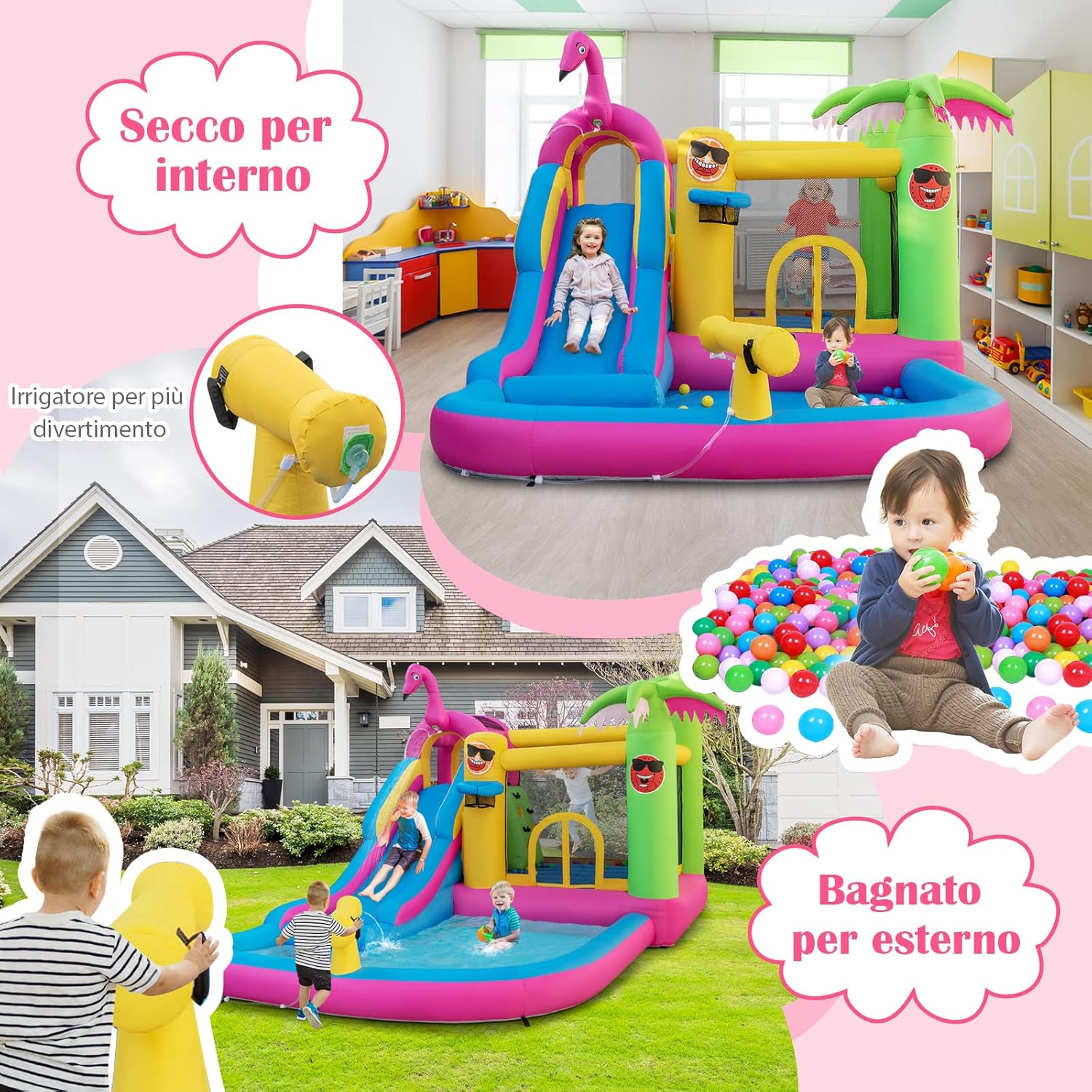 Castello Gonfiabile Fenicottero con Soffiatore 680W, Gonfiabile per Bambini con Scivolo, Area di Salto, Piscina e 50 Palline, Spruzzi, Arrampicata, Cannone e Canestro, 300 x 450 x 260 cm