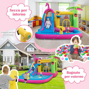 Castello Gonfiabile Fenicottero con Soffiatore 680W, Gonfiabile per Bambini con Scivolo, Area di Salto, Piscina e 50 Palline, Spruzzi, Arrampicata, Cannone e Canestro, 300 x 450 x 260 cm