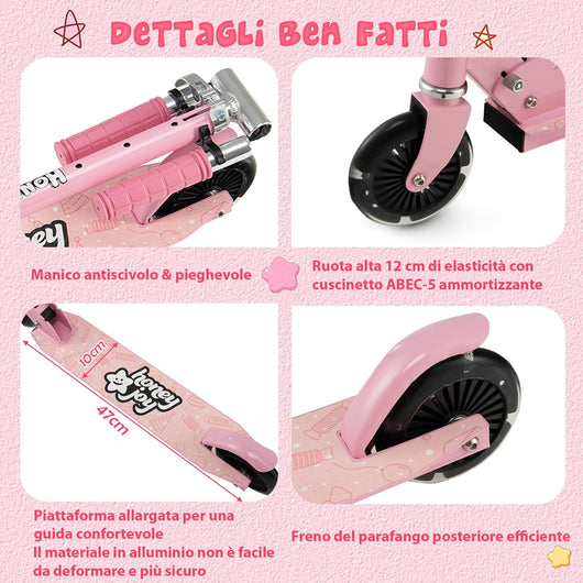 Monopattino Bambini, Monopattino Bambino e Bambina +3 Anni Pieghevole con 2 Ruote Lampeggianti, Manubrio Regolabile e Freno (Rosa)
