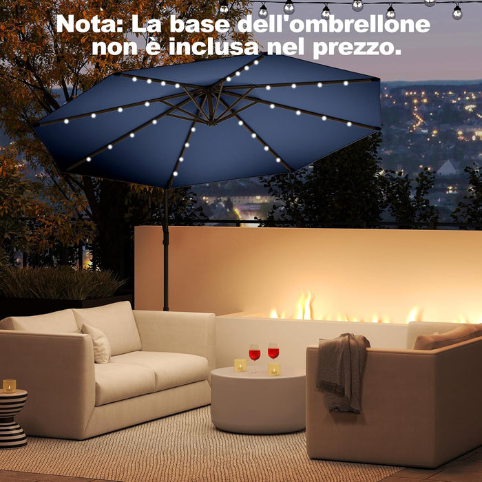 Ombrellone da Giardino ∅300 cm con 32 Luci LED, Ombrellone Prendisole con Rotazione di 360°, Inclinazione Regolabile, 8 Stecche, Manovella, per Giardino Piscina Cortile (Blu Scuro)