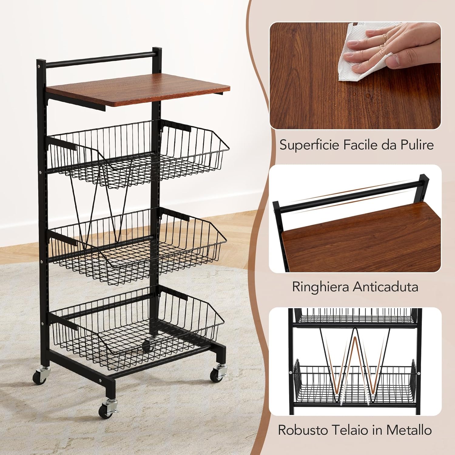 Carrello da Cucina con Ruote, Cestini Portaoggetti per Frutta e Verdura con Cestini Regolabili in Altezza e Rimovibili, Carrello Portafrutta a 4 Piani, Piano in Legno, 40x31x88 cm