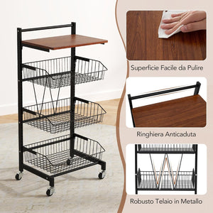 Carrello da Cucina con Ruote, Cestini Portaoggetti per Frutta e Verdura con Cestini Regolabili in Altezza e Rimovibili, Carrello Portafrutta a 4 Piani, Piano in Legno, 40x31x88 cm