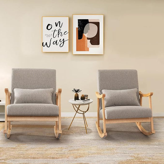 Sedia a Dondolo, Sedia Ergonomica Relax con Schienale Alto e Cuscino Seduta Imbottito, Struttura in Legno di Gomma Naturale e Cuscino Lombare Morbino, Poltrona Moderno per Soggiorno (Grigio)