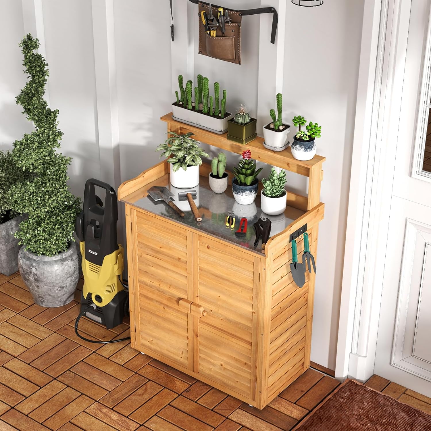 Armadio da Esterno in Legno, Casetta da Esterno con Ante, Ripiani e Serrature, Armadietto Versatile da Giardino, Balcone e Cortile (87 x 45 x 120 cm)